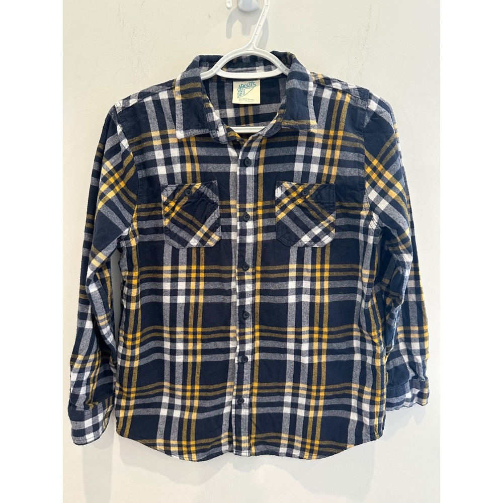 Thereabouts Kids Husky Flannel Shirt Navy Blue Yellow Plaid Size 14-16H L/S